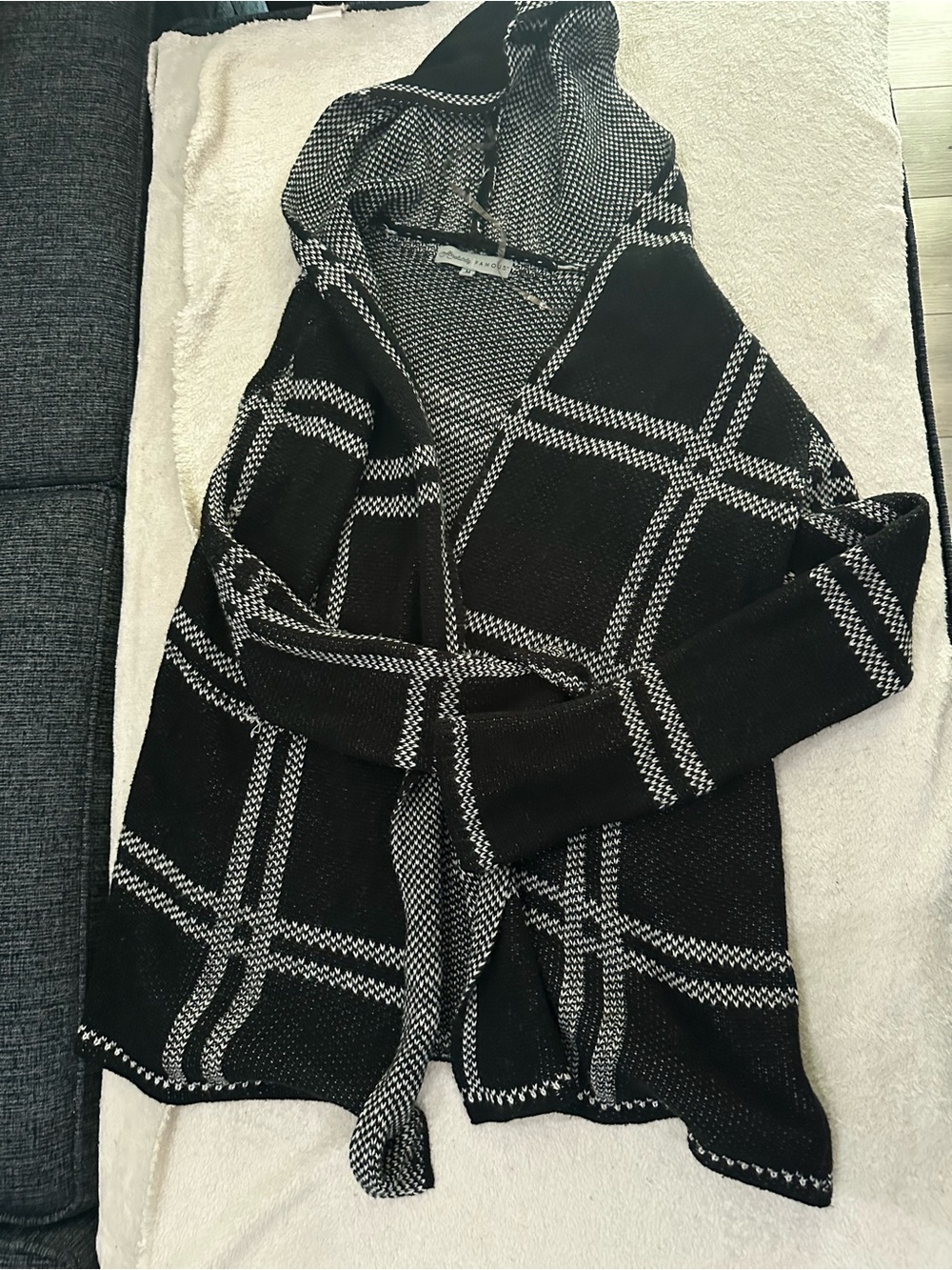 Absolutely Famous Black and White Plaid Hooded Cardigan